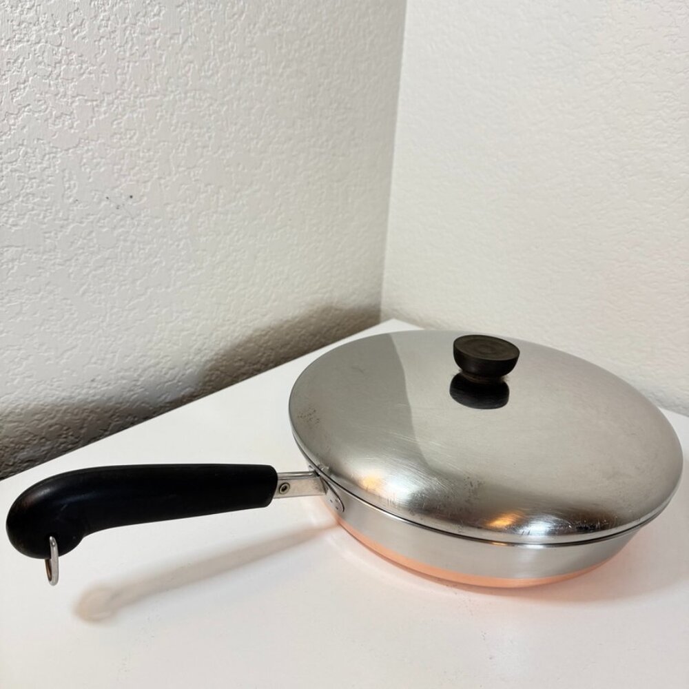VTG Revere Ware 10" -81 Skillet Fry Saute Pan Copper Bottom SS 1801 USA w/ Lid